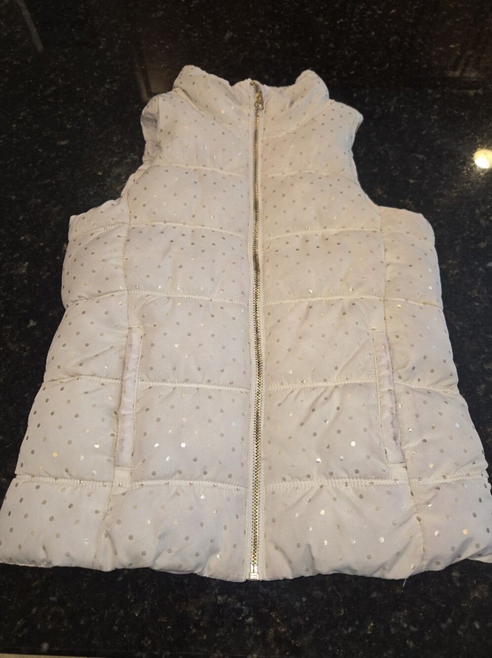Old Navy Cream Puffer Vest with Gold Polka Dots
